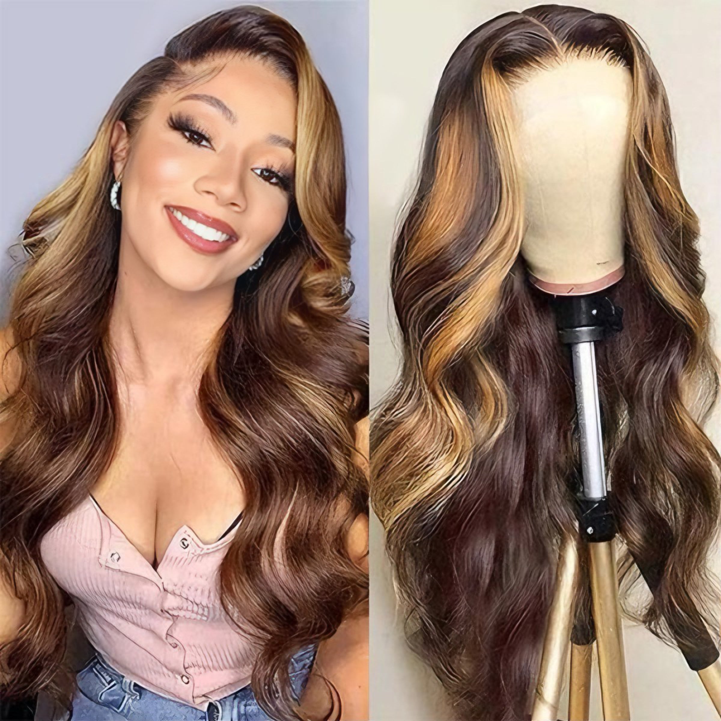 Natural Wave Highlighted Wig – 100% Human Hair | 200% Density 🌟
