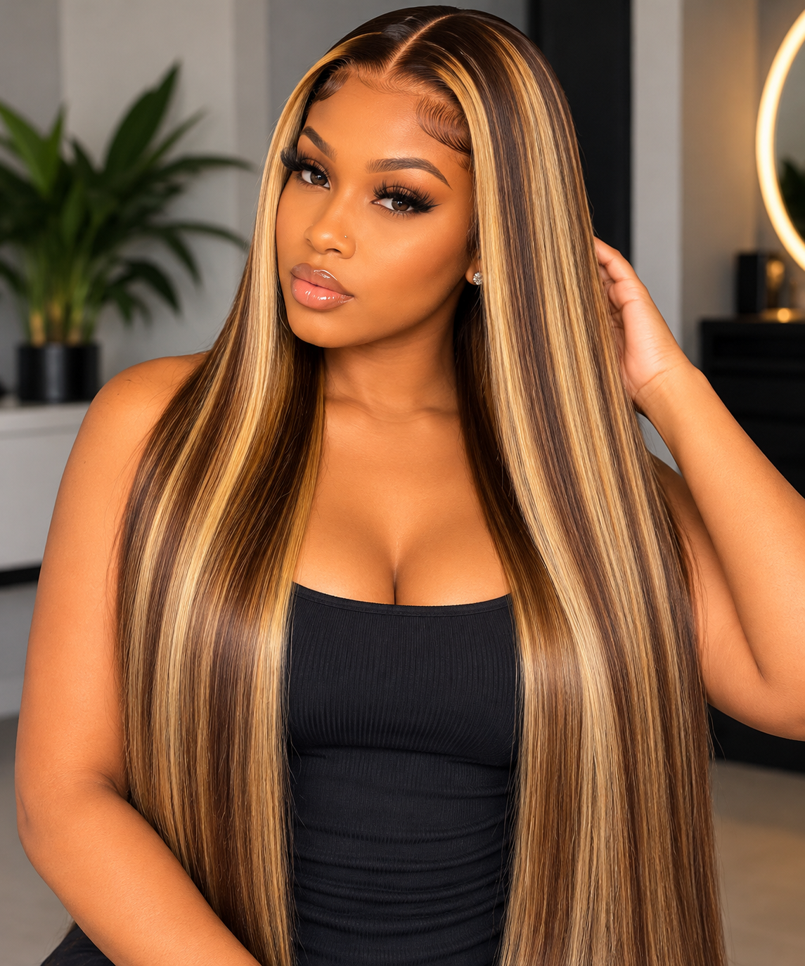 Straight Highlighted Wig – 100% Human Hair | 200% Density ✨